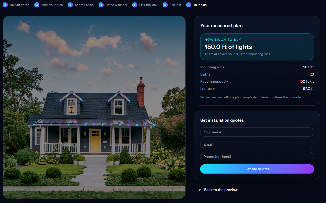 Visualizer showing a lit home photo beside the measured plan with footage, light count and recommended kit