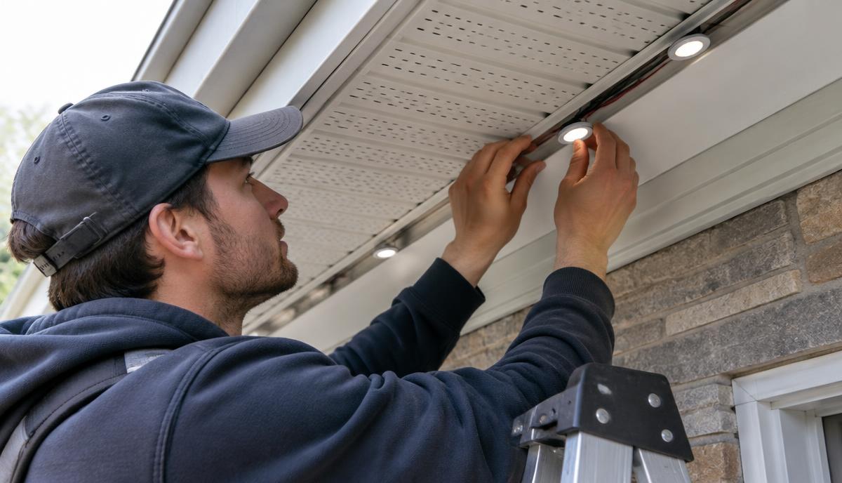 Govee permanent outdoor lights installer checking mounting track alignment along a home's soffit