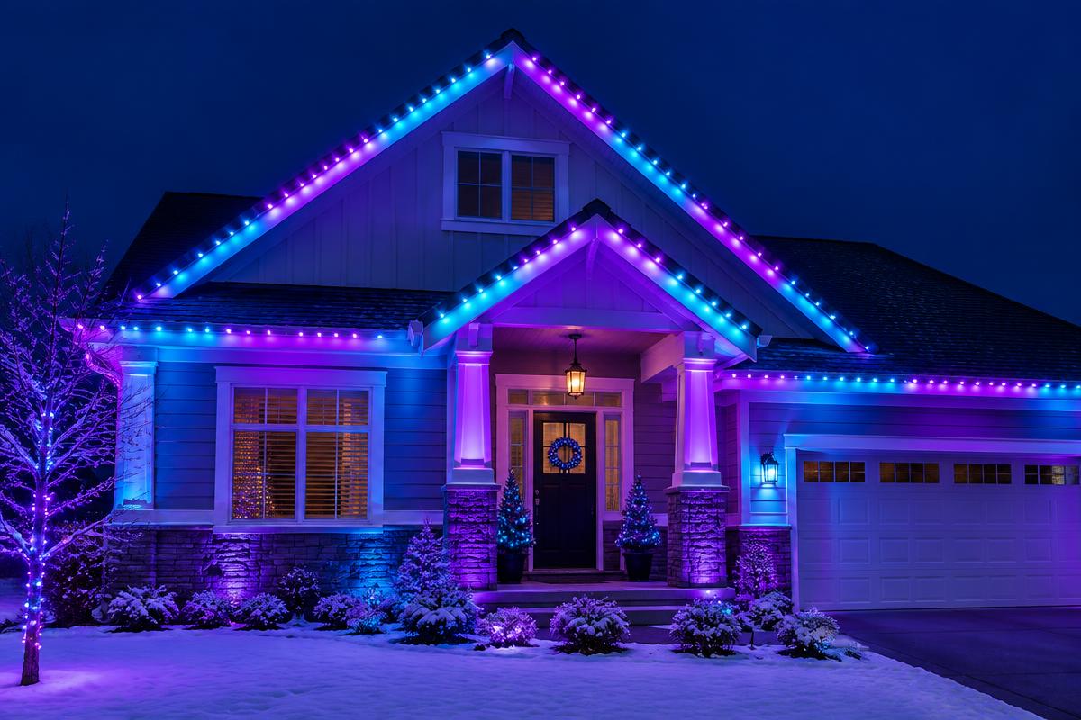 House preview with violet and cyan permanent lighting scene